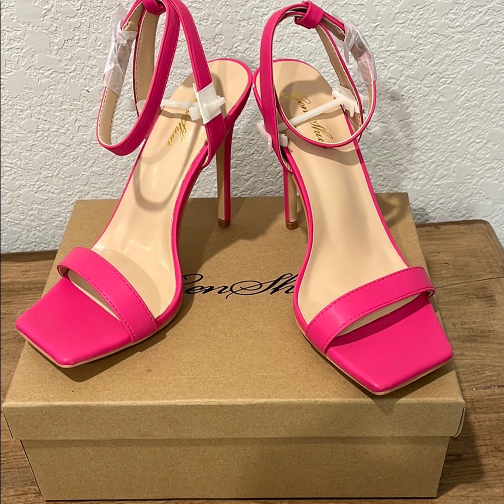 Genshuo Pink Stiletto Heels Square Toe Ankle Strap